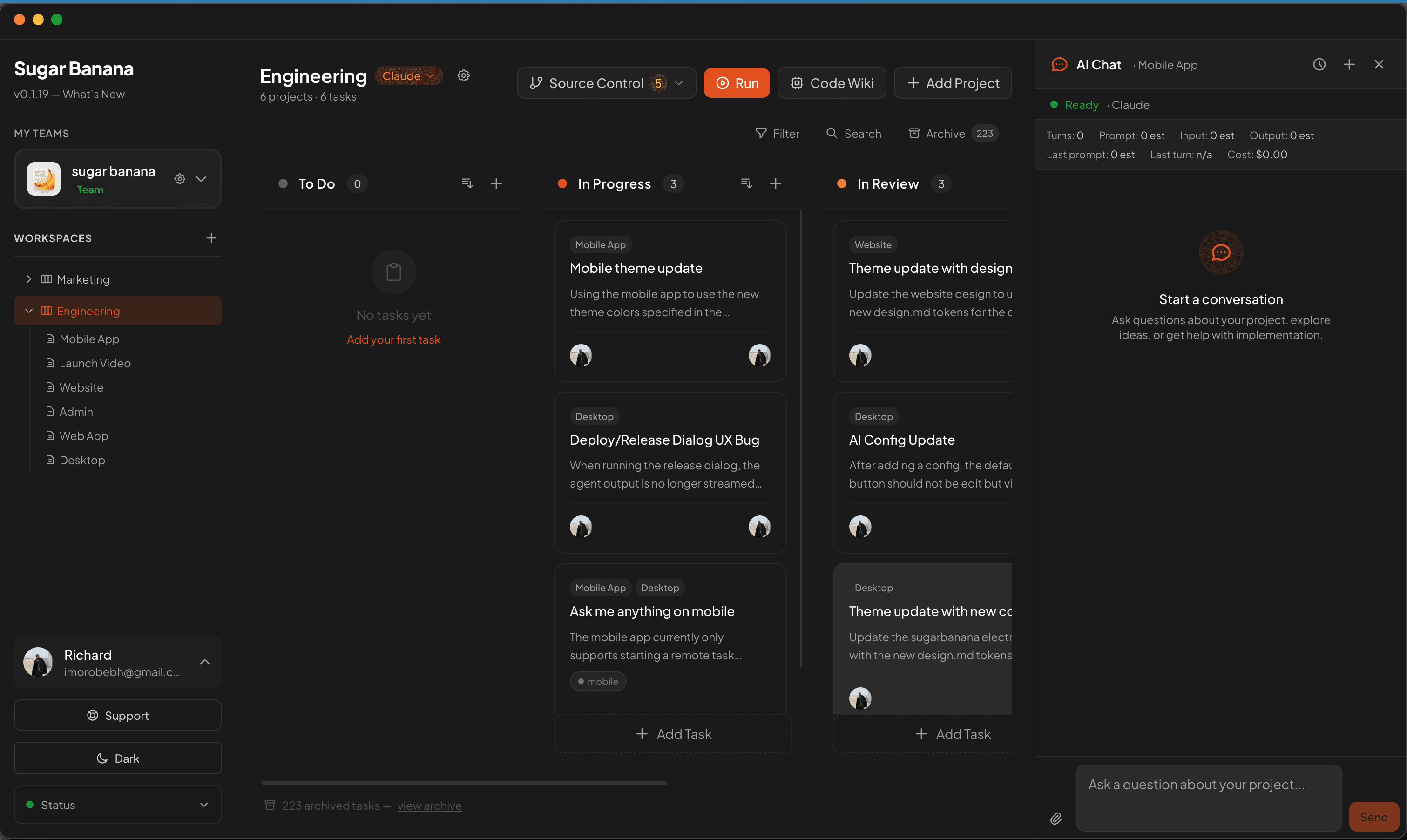 Sugar Banana — Kanban board with AI agents executing tasks