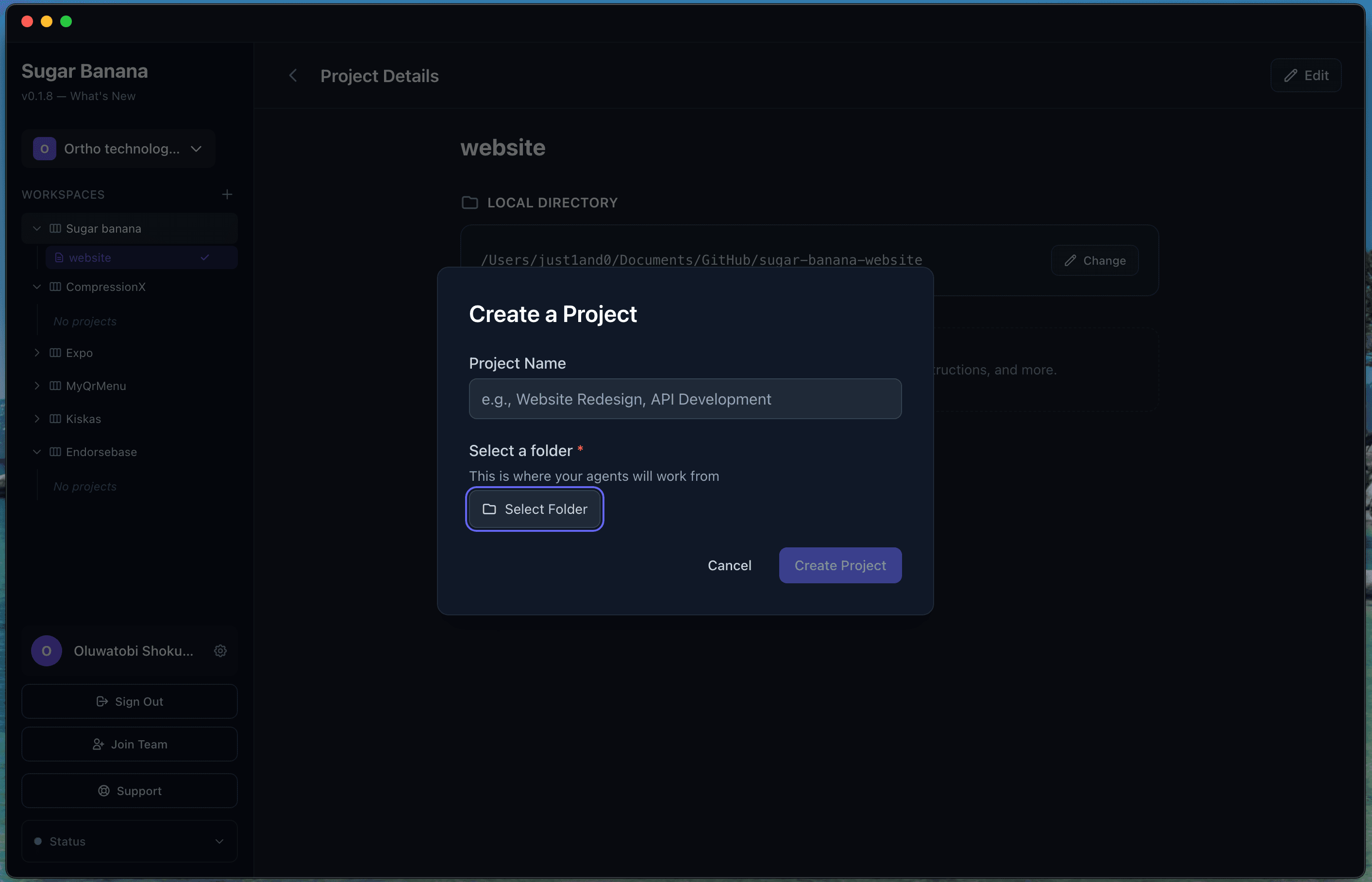 Project details showing local directory configuration