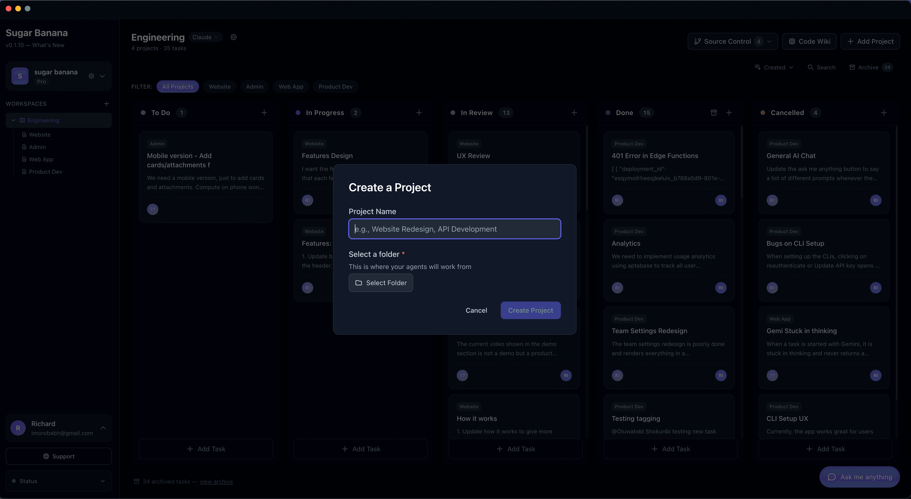 Project setup in Sugar Banana